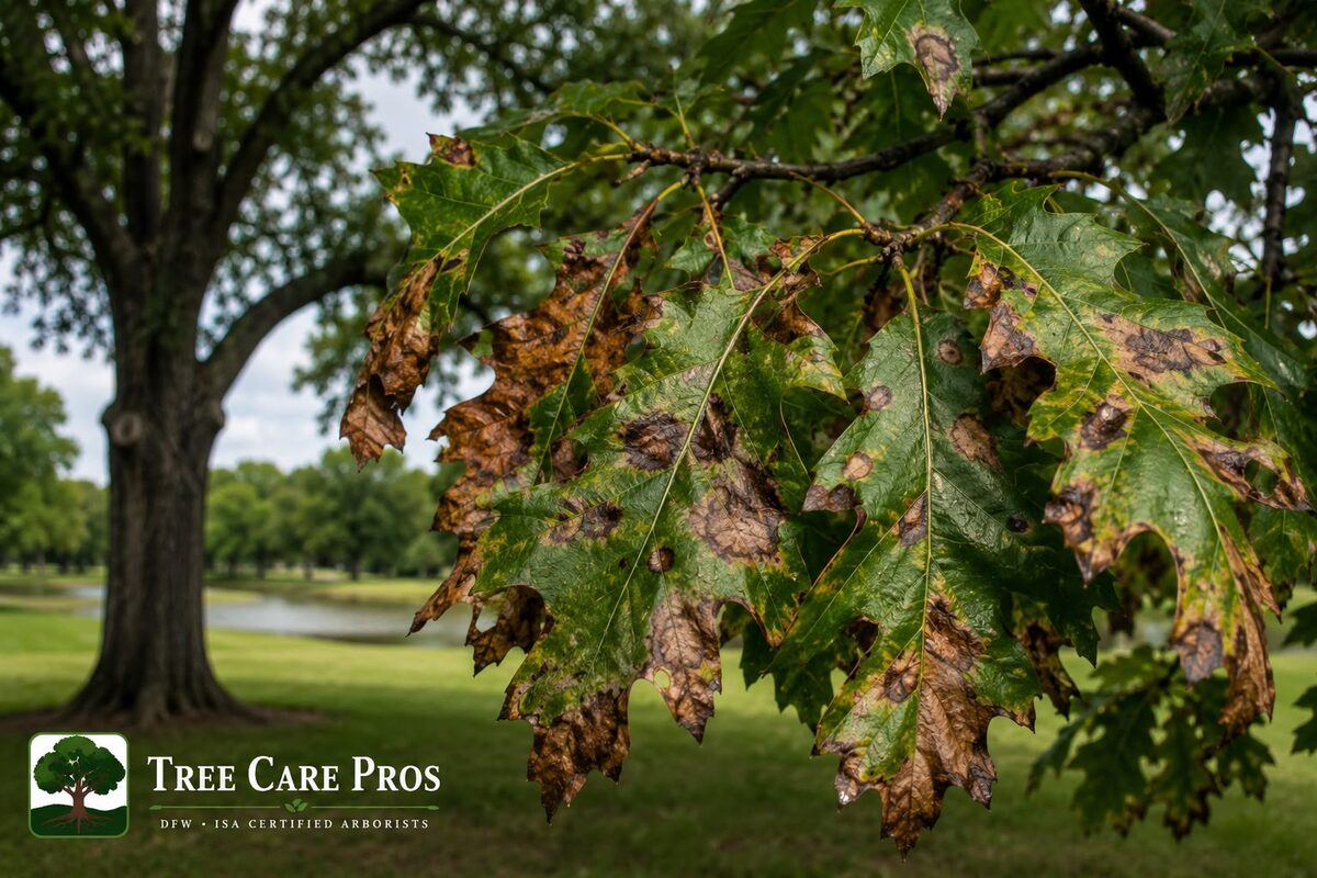 Anthracnose leaf blight on an oak in Dallas–Fort Worth, Texas — brown blotches along the veins and scorched, distorted leaf margins.