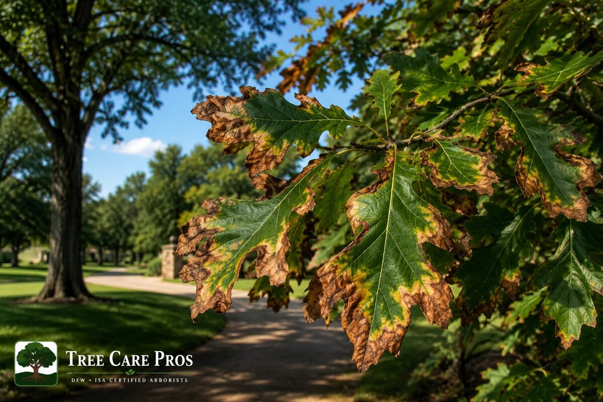 Bacterial leaf scorch on a mature oak in Dallas–Fort Worth, Texas — browning leaf margins separated from green tissue by a yellow halo.