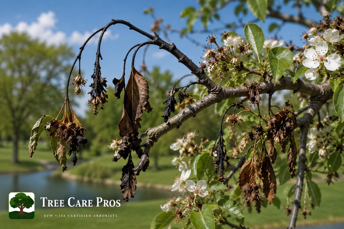 Fire blight on a tree in Dallas–Fort Worth, Texas — scorched, blackened shoots bent into the classic shepherd's-crook.
