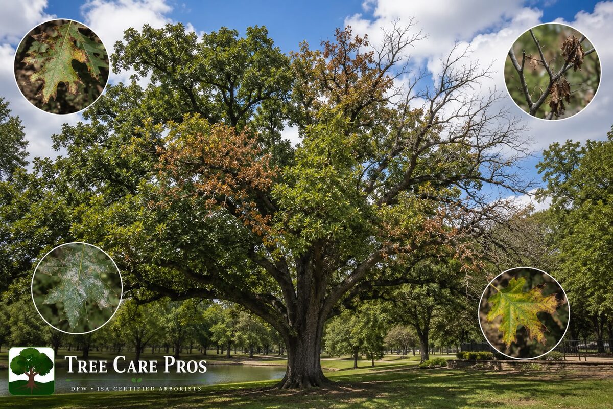 Oak disease symptoms on foliage in Dallas–Fort Worth, Texas — leaf browning, blotching, and canopy dieback.