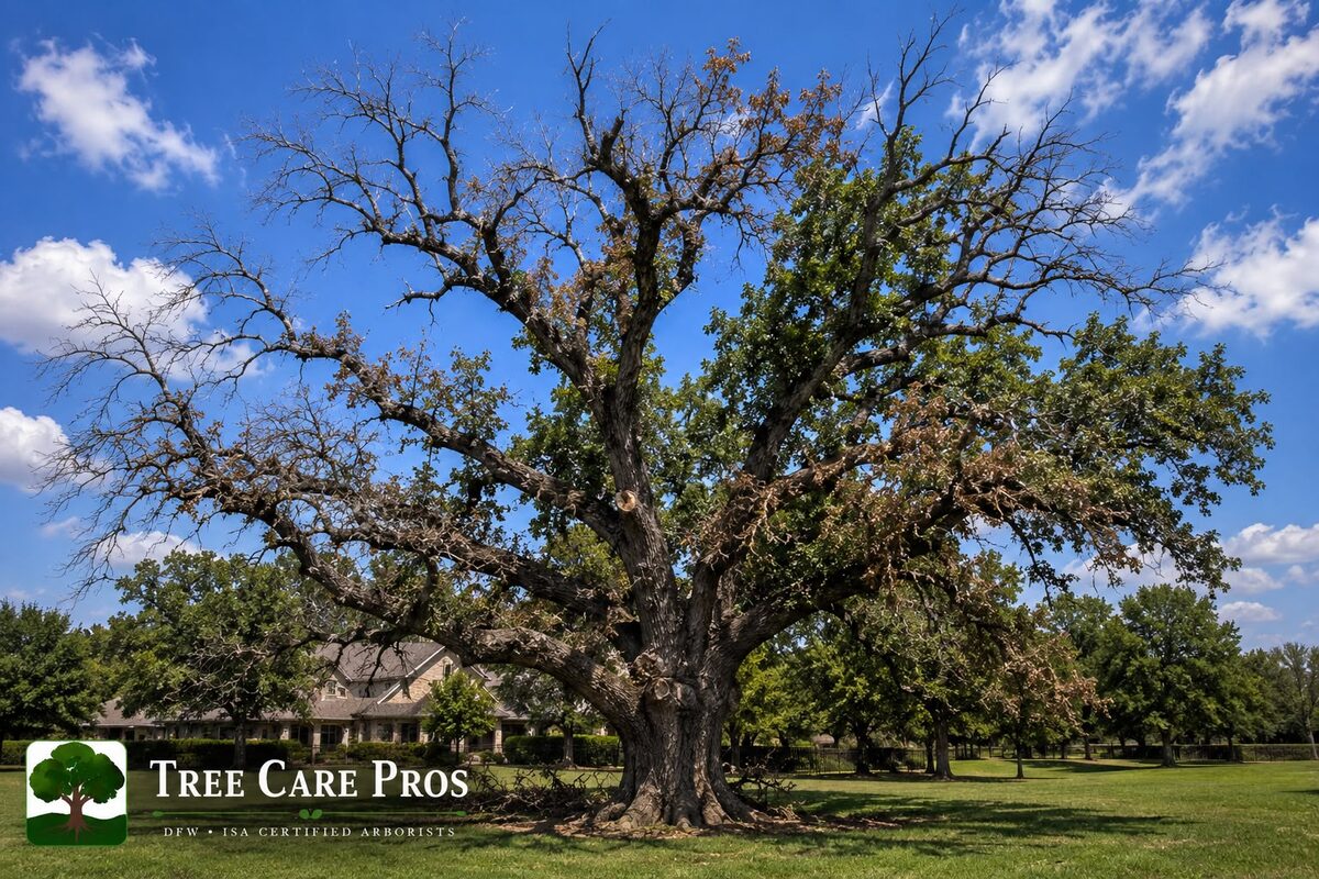 Serious oak disease symptoms in Dallas–Fort Worth, Texas — advanced leaf browning, scorch, and branch dieback on a mature oak.