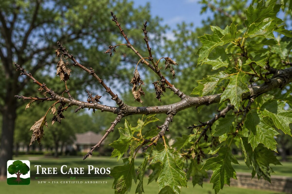 Twig blight on a tree in Dallas–Fort Worth, Texas — dieback of young shoots and twigs with browning foliage.